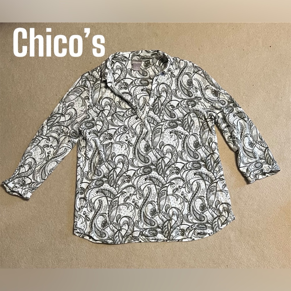 Chico’s Gray & White Patterned 3/4 sleeves Top size L
